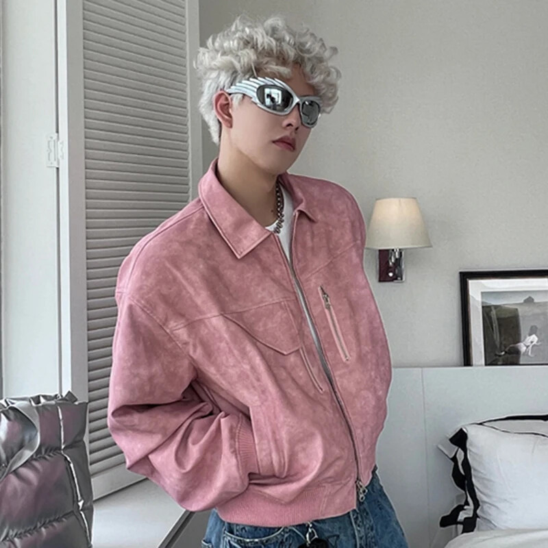 Muška skraćena jakna od PU kože, modna spuštena ovratnica, retro kaput s patentnim zatvaračem, muška odjeća za motocikle, proljetno ružičasta