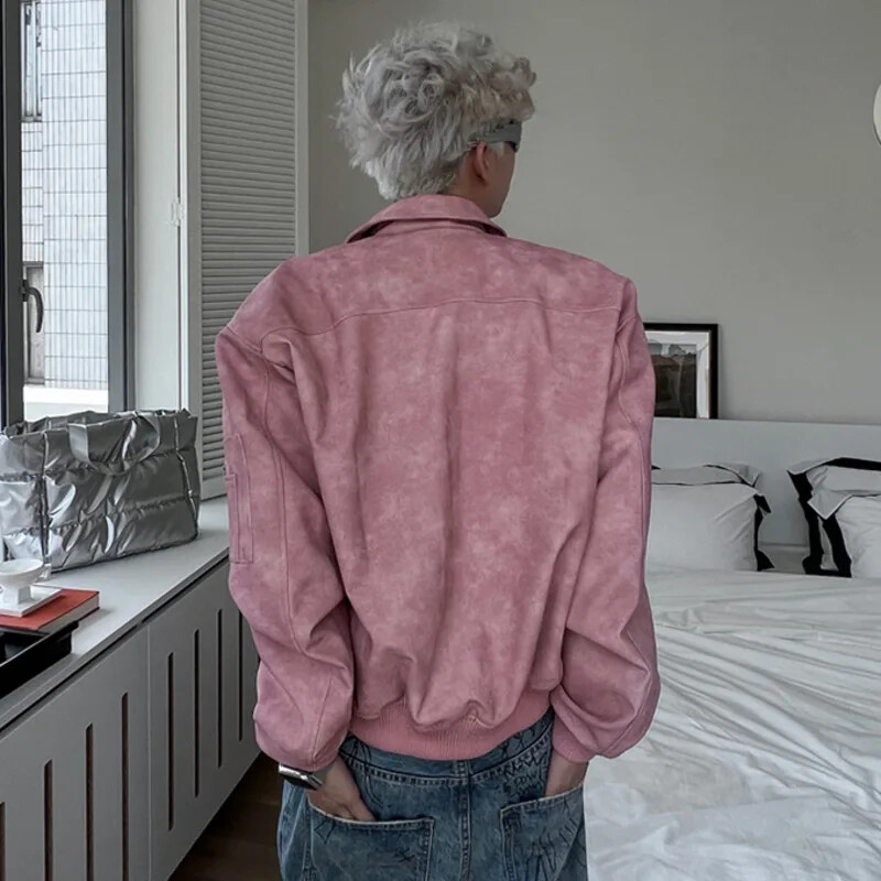 Muška skraćena jakna od PU kože, modna spuštena ovratnica, retro kaput s patentnim zatvaračem, muška odjeća za motocikle, proljetno ružičasta