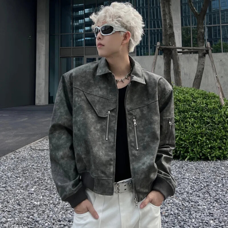 Muška skraćena jakna od PU kože, modna spuštena ovratnica, retro kaput s patentnim zatvaračem, muška odjeća za motocikle, proljetno ružičasta