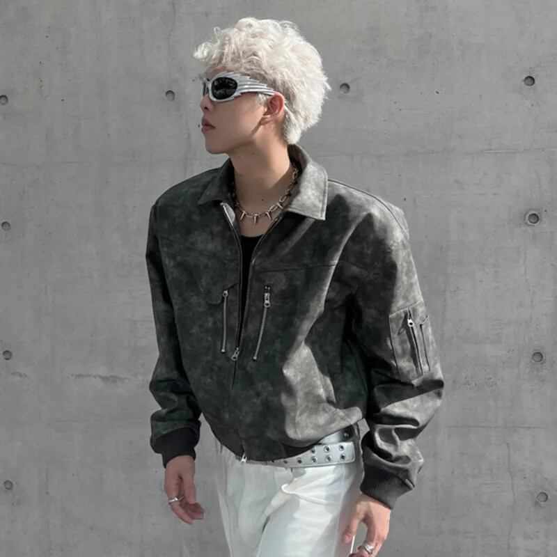 Muška skraćena jakna od PU kože, modna spuštena ovratnica, retro kaput s patentnim zatvaračem, muška odjeća za motocikle, proljetno ružičasta