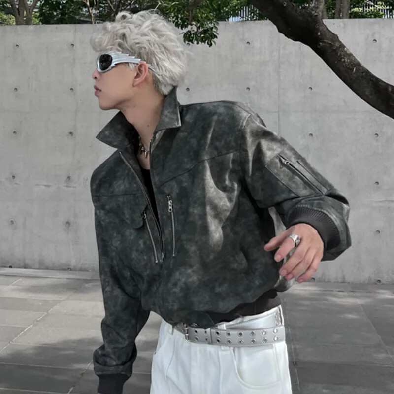 Muška skraćena jakna od PU kože, modna spuštena ovratnica, retro kaput s patentnim zatvaračem, muška odjeća za motocikle, proljetno ružičasta