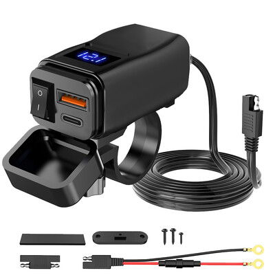 Pd+Qc3.0 Încărcător pentru telefon mobil pentru motocicletă Ghidon Priză USB duală 60 W Adaptor de alimentare 24 V impermeabil cu comutator voltmetru