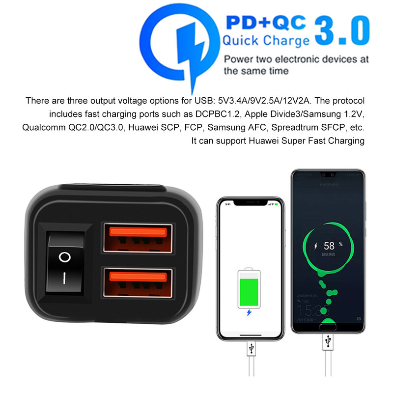 Pd+Qc3.0 Încărcător pentru telefon mobil pentru motocicletă Ghidon Priză USB duală 60 W Adaptor de alimentare 24 V impermeabil cu comutator voltmetru