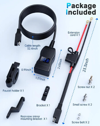 Универсално зарядно за мотоциклети Двоен порт USB PD Бързо зареждане с водоустойчив превключвател Волтметър Захранващ адаптер Зарядно за мобилен телефон