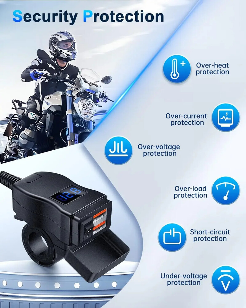 Univerzalni punjač za motocikle Dual Port USB PD Brzo punjenje s vodootpornim prekidačem Voltmetar Strujni adapter Punjač za mobilni telefon
