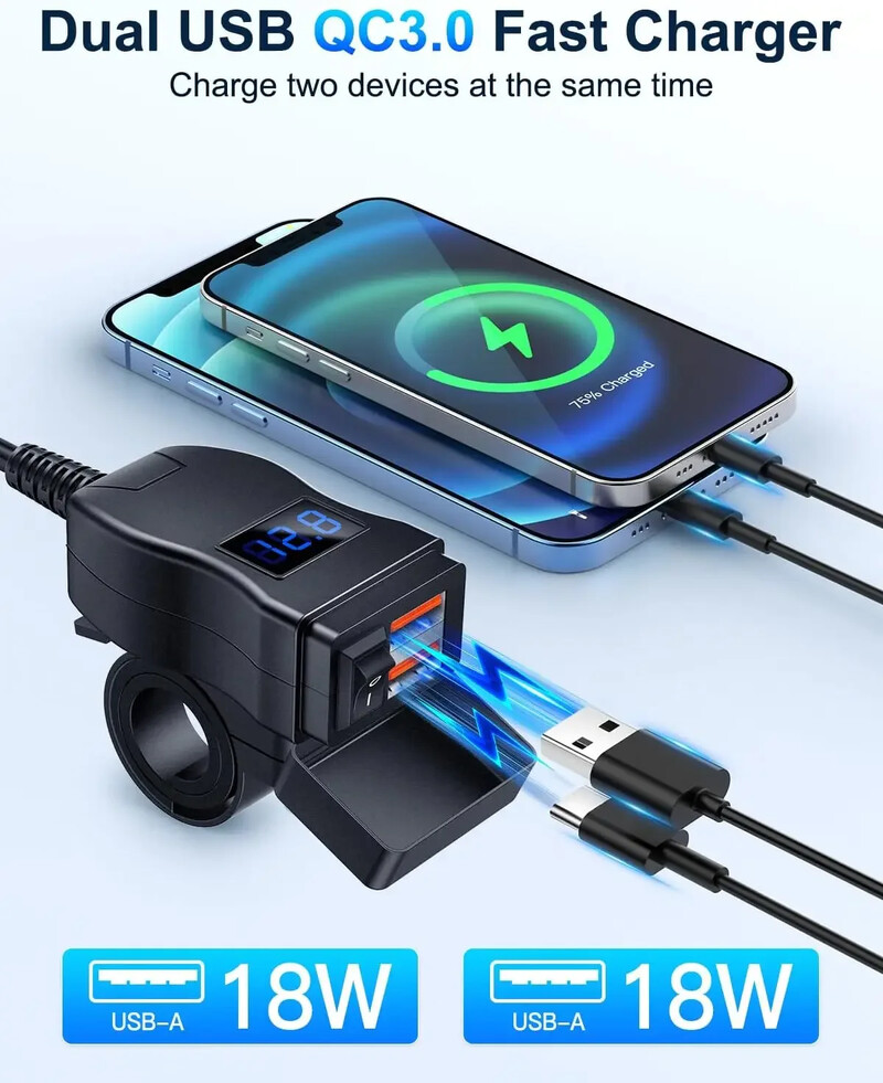 Univerzalni punjač za motocikle Dual Port USB PD Brzo punjenje s vodootpornim prekidačem Voltmetar Strujni adapter Punjač za mobilni telefon