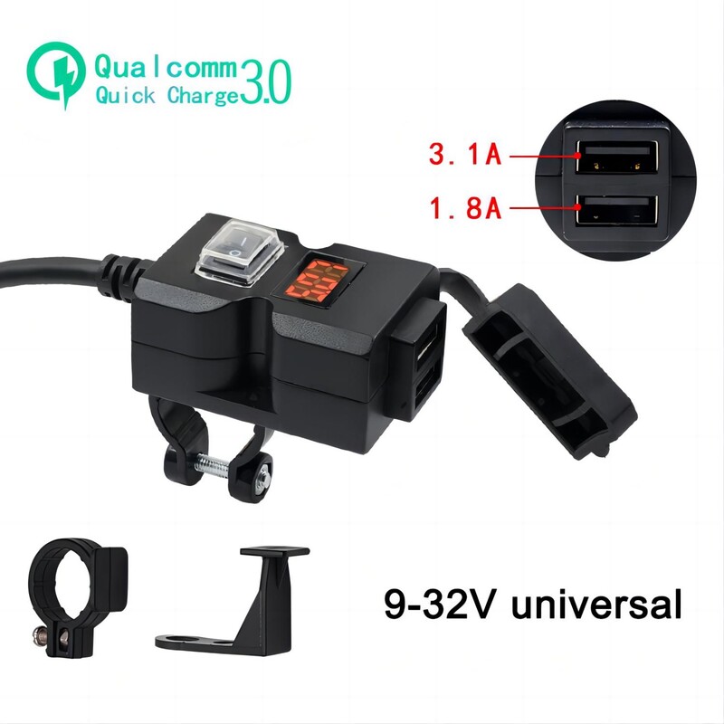 Motocikla mobilā tālruņa Dual USB voltmetra ātrā lādētājs ar slēdzi Motocikla barošanas ligzda sadalītāja mobilā tālruņa spraudnis Moto