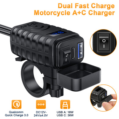 Încărcător USB pentru motociclete Extractme 48W QC3.0&PD Încărcare rapidă 3.0 pentru motociclete, USB tip C, încărcător pentru telefon cu voltmetru și comutator ON/OFF