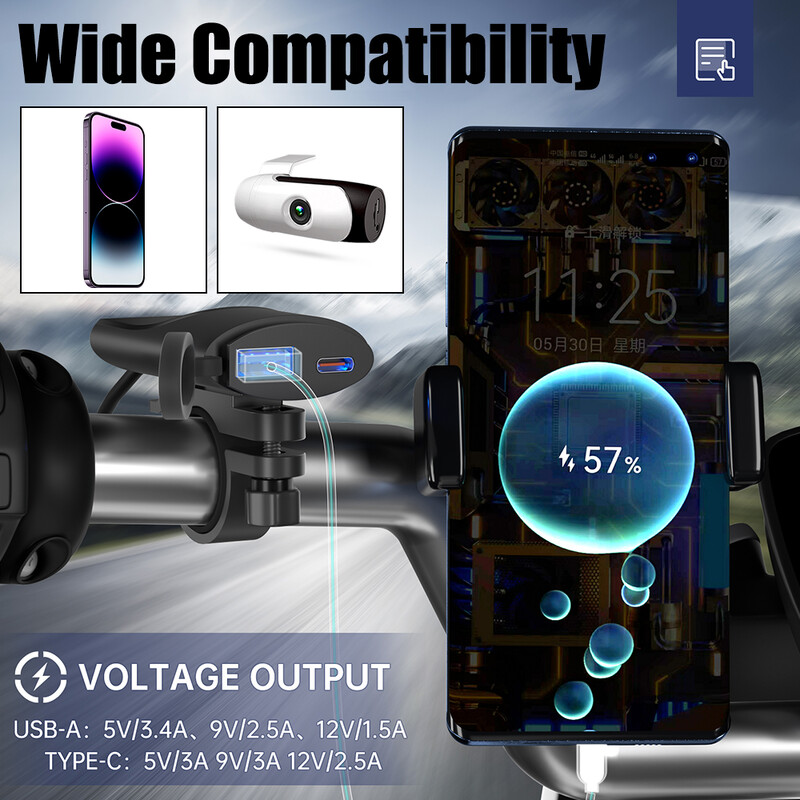 Moto tālruņa lādētājs 12V-24V IP67 ūdensizturīgs ātrais lādētājs stūres stiprinājuma kronšteins 3.4A 30W QC3.0 motocikla USB lādētājs