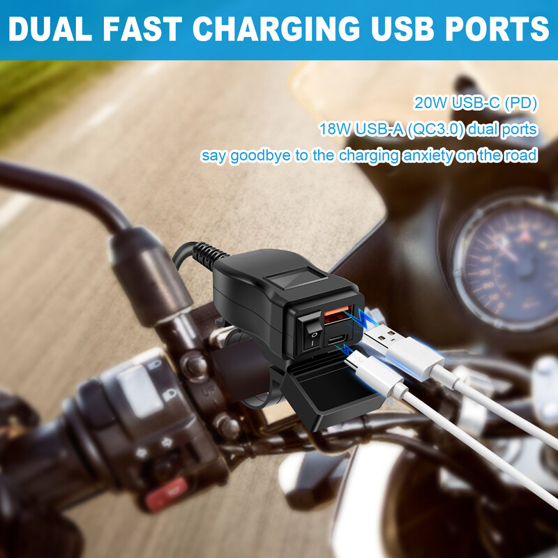 Motorkerékpár USB-töltő Vízálló SAE-USB Motorkerékpárra szerelhető töltőadapter gyorstöltő 3.0 BE/KI kapcsolóval