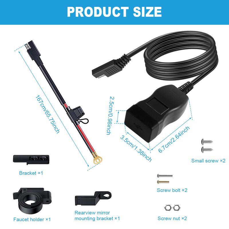 Motorkerékpár USB-töltő Vízálló SAE-USB Motorkerékpárra szerelhető töltőadapter gyorstöltő 3.0 BE/KI kapcsolóval