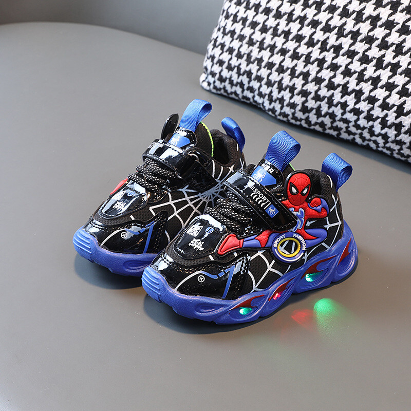 Pantofi casual Disney LED, roșu albastru, pentru băieți de primăvară, pantofi de exterior cu plasă Spiderman, pantofi anti-alunecare iluminați, mărimea 21-30