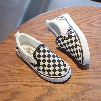 Dječje platnene cipele Bijele i crne kockaste ležerne tenisice Proljeće ljeto Prozračne mekane prodane modne cipele za dječake djevojčice