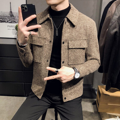 2024. aasta sügis/talv meeste polo kaelaga villane jakk Moodne Slim Fit ülikonnamantel Kvaliteetne ruuduline mitme taskuga Korea vabaaja jope