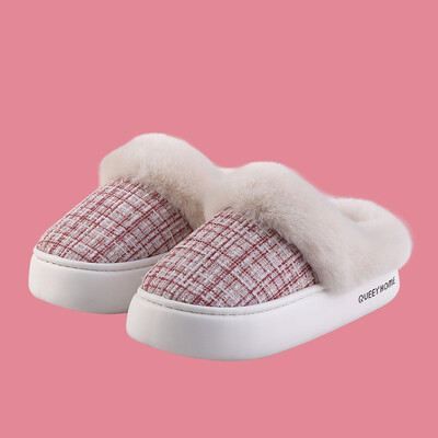 Queey Home Winter Chic Sieviešu EVA plakana, neslīdoša pūkaina smalka režģa raksta čības iekštelpu āra komforta kokvilnas čības