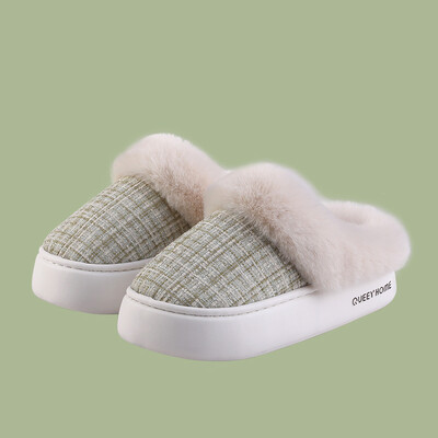 Queey Home Winter Chic Sieviešu EVA plakana, neslīdoša pūkaina smalka režģa raksta čības iekštelpu āra komforta kokvilnas čības