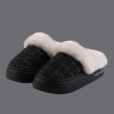 Queey Home Winter Chic Sieviešu EVA plakana, neslīdoša pūkaina smalka režģa raksta čības iekštelpu āra komforta kokvilnas čības