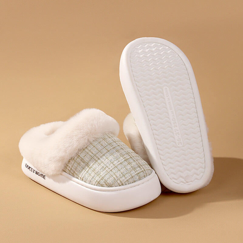 Queey Home Winter Chic Sieviešu EVA plakana, neslīdoša pūkaina smalka režģa raksta čības iekštelpu āra komforta kokvilnas čības