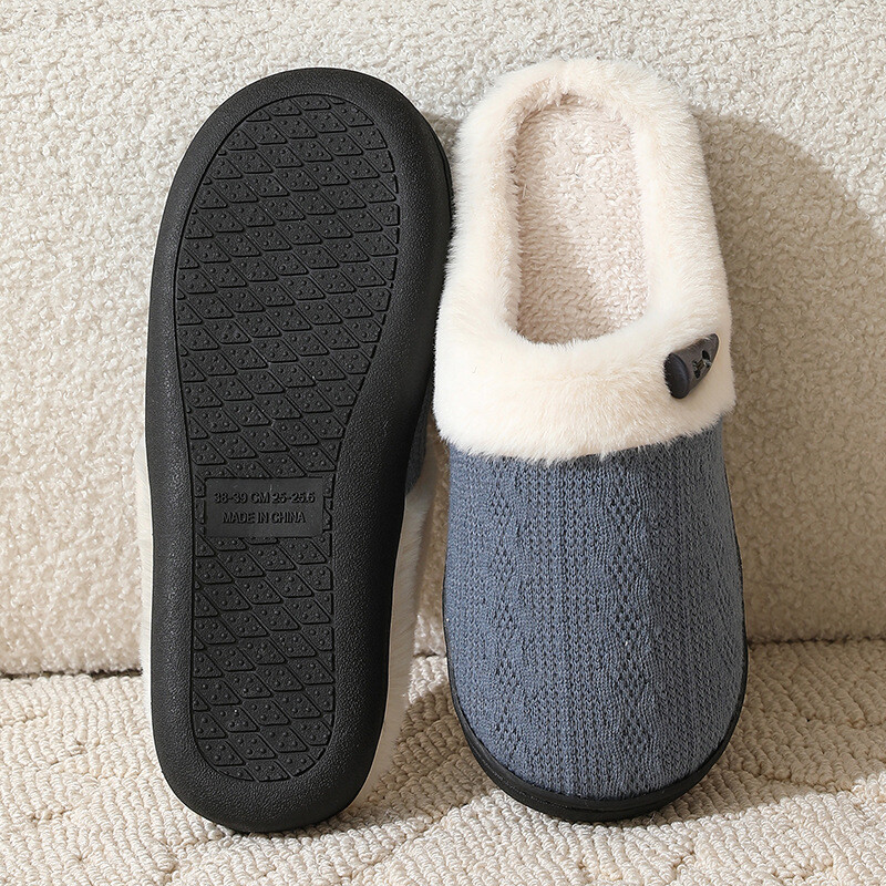 Papuci de casă din bumbac tricotat, ultra moale, confortabil, decorati cu butoane, papuci de casă, iarnă, calduri, blană