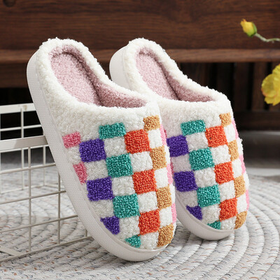 Dugine karirane papuče za par Lagani mekani potplat Zimske kućne papuče Ženske unutrašnje spavaće sobe Ravne neklizajuće plišane tobogane