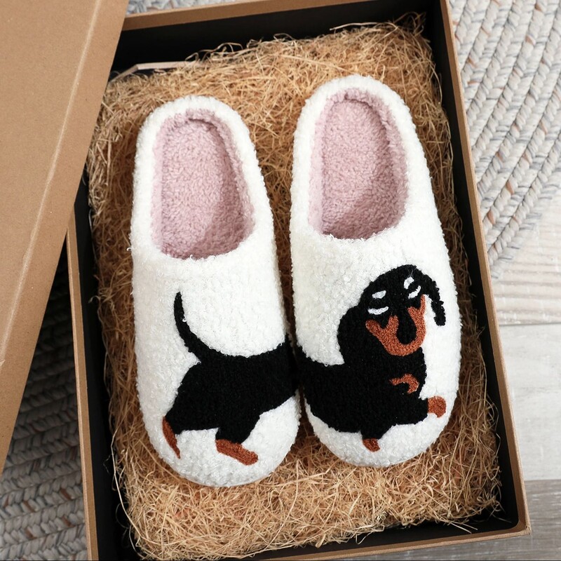 Pet Pattern Dachshund Κέντημα γεμιστό Σπίτι Χοντρή σόλα καρό Γούνινο βαμβακερό παντόφλες Χαριτωμένα ζεστά αντιολισθητικά εσωτερικά παντόφλες Pet mom δώρο