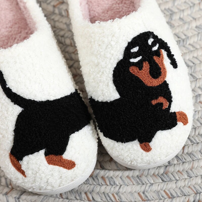 Pet Pattern Dachshund Κέντημα γεμιστό Σπίτι Χοντρή σόλα καρό Γούνινο βαμβακερό παντόφλες Χαριτωμένα ζεστά αντιολισθητικά εσωτερικά παντόφλες Pet mom δώρο