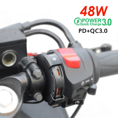 48W gyorstöltő PD+QC3.0 telefontöltő motorkerékpár USB aljzat vízálló kormányrúd rögzítőkeret 12V-24V tápadapter