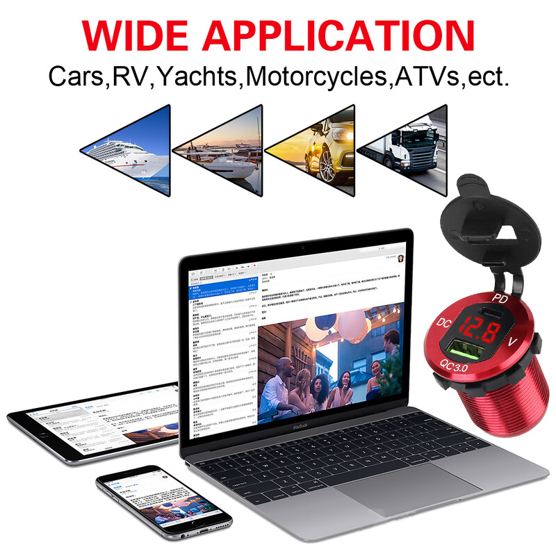 24V 12V Motociklu USB lādētāji 3.0 PD pieslēgvietas Strāvas adapteris ar voltmetra slēdzi Ūdensizturīgs vāks Kravas automašīnu aksesuāri Salons