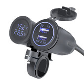 Priză USB Autocycle Port USB dublu Încărcător pentru motociclete Priză de alimentare cu voltmetru Termometru 3.1A Priză pentru încărcător pentru telefon mobil