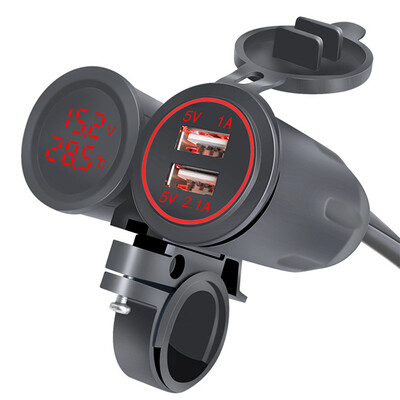 Priză USB Autocycle Port USB dublu Încărcător pentru motociclete Priză de alimentare cu voltmetru Termometru 3.1A Priză pentru încărcător pentru telefon mobil