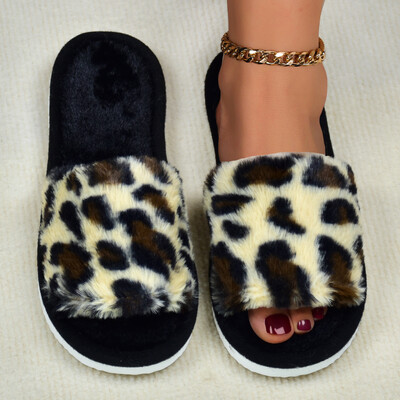 Pantofi de damă cu leopard, toamnă iarnă, papuci de blană de pluș, imprimeu la modă pentru acasă, pantofi pentru cameră de zi, tobogane moi, ușoare, în aer liber
