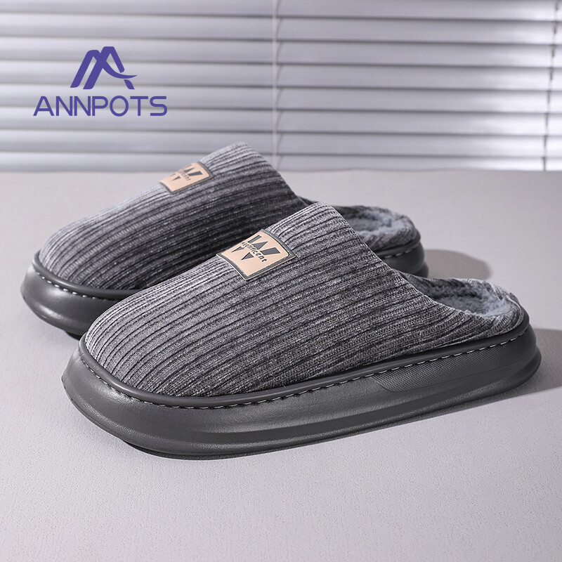 Vīriešu liela izmēra mājas Neslīdošas siltas iekštelpu kokvilnas čības Pelēkas Ērtas, mīkstas, ādai draudzīgas apavu plīša gumijas zole