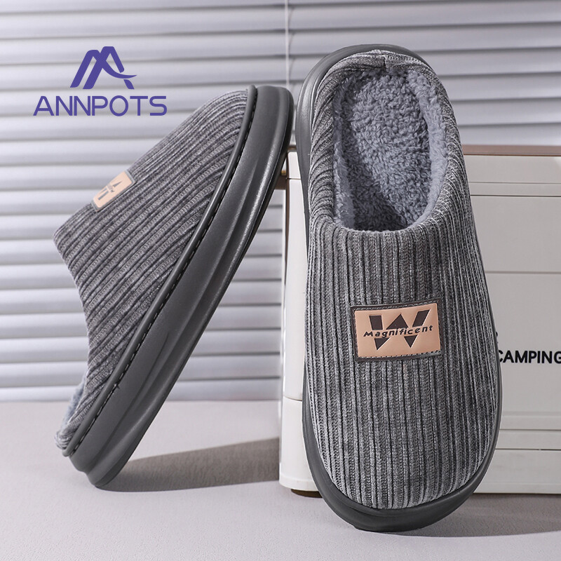 Vīriešu liela izmēra mājas Neslīdošas siltas iekštelpu kokvilnas čības Pelēkas Ērtas, mīkstas, ādai draudzīgas apavu plīša gumijas zole