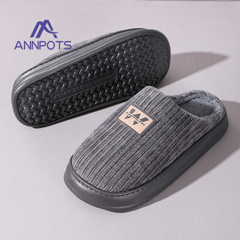 Vīriešu liela izmēra mājas Neslīdošas siltas iekštelpu kokvilnas čības Pelēkas Ērtas, mīkstas, ādai draudzīgas apavu plīša gumijas zole