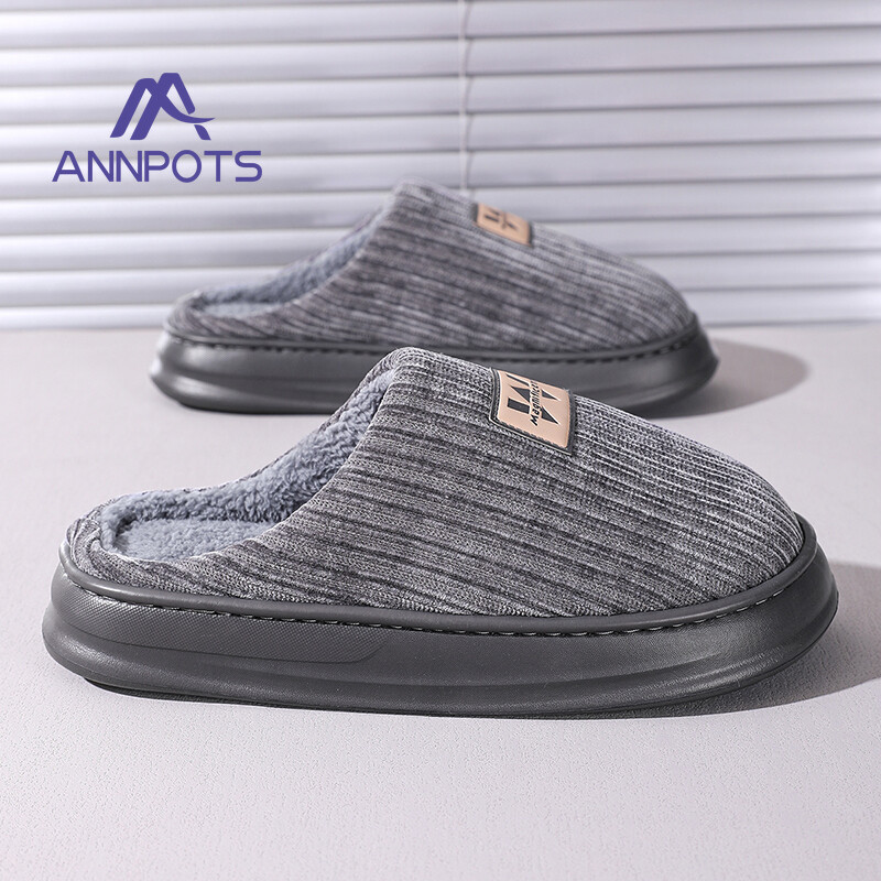 Vīriešu liela izmēra mājas Neslīdošas siltas iekštelpu kokvilnas čības Pelēkas Ērtas, mīkstas, ādai draudzīgas apavu plīša gumijas zole