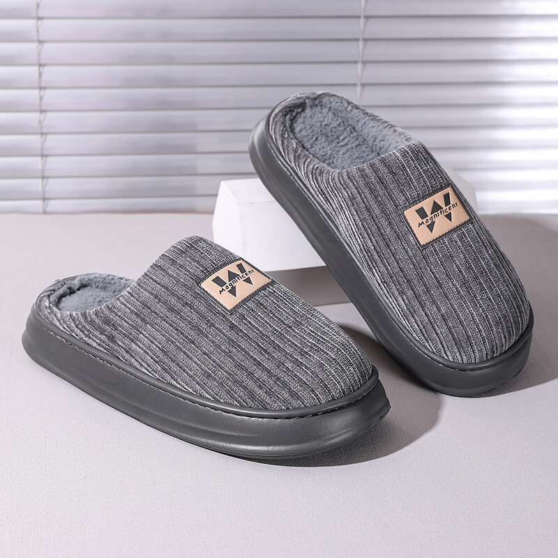 Vīriešu liela izmēra mājas Neslīdošas siltas iekštelpu kokvilnas čības Pelēkas Ērtas, mīkstas, ādai draudzīgas apavu plīša gumijas zole