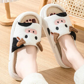 Papuci de casă din bumbac pentru cuplu pentru toate anotimpurile Utilizare în interior Pardoseală din lemn Anti-alunecare Bărbați Femei Desene animate Vacă de lapte Papuci groși de piatră de lună