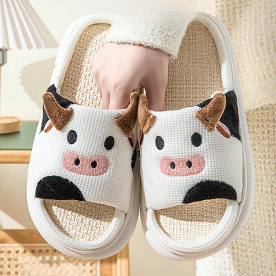 Papuci de casă din bumbac pentru cuplu pentru toate anotimpurile Utilizare în interior Pardoseală din lemn Anti-alunecare Bărbați Femei Desene animate Vacă de lapte Papuci groși de piatră de lună