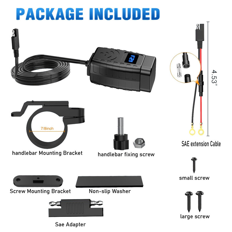 Karsts jauns motocikla mobilā tālruņa USB lādētājs Pd3.0 Qualcomm Fast Charge Qc3.0 digitālais voltmetrs ar slēdzi Sae ūdensizturīgs C tips