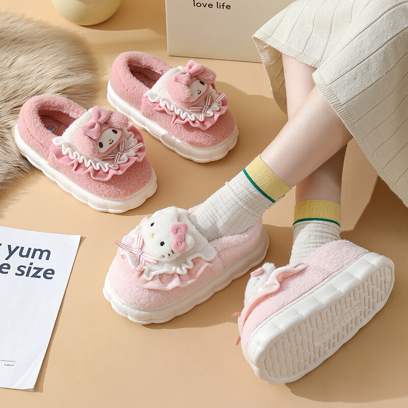Pantofi dulci din bumbac Femei Iarna Acasă Talpă groasă Desene animat Papuci anti-alunecare Interior Confortabil Kuromi Hello Kitty