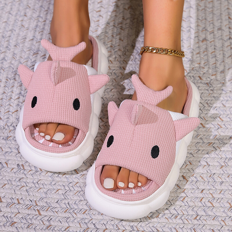 Pamučne lanene papuče s platformom Ženske kućne 2024. Proljeće Ležerne dizajnerske cipele iz crtića Djevojke Ravna kuća Slatke tobogane Par Otvoreni prsti