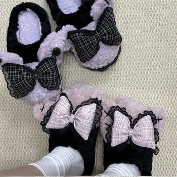 Y2k Bow Knot Winter Slippers Women Home Soft Anti-slip Paltform Paltform Fur Cozy Slippers Японска Лолита Дамски външни памучни обувки