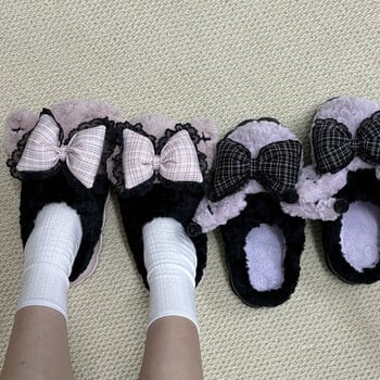 Y2k Bow Knot Winter Slippers Women Home Soft Anti-slip Paltform Paltform Fur Cozy Slippers Японска Лолита Дамски външни памучни обувки