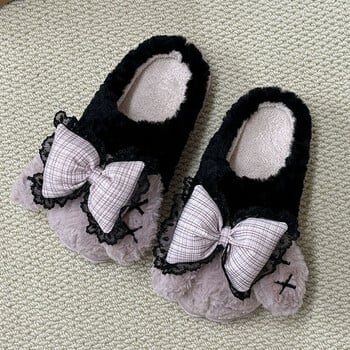 Y2k Bow Knot Winter Slippers Women Home Soft Anti-slip Paltform Paltform Fur Cozy Slippers Японска Лолита Дамски външни памучни обувки