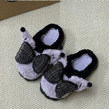 Y2k Bow Knot Winter Slippers Women Home Soft Anti-slip Paltform Paltform Fur Cozy Slippers Японска Лолита Дамски външни памучни обувки