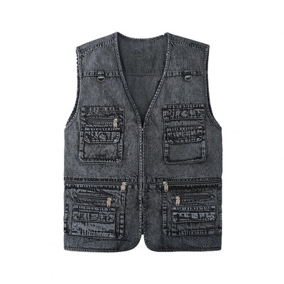 La modă, super moale, culoare pură, cu fermoar, vestă, haine exterioare, haină fără mâneci, culoare solidă, primăvară, toamnă, vestă din denim pentru camping