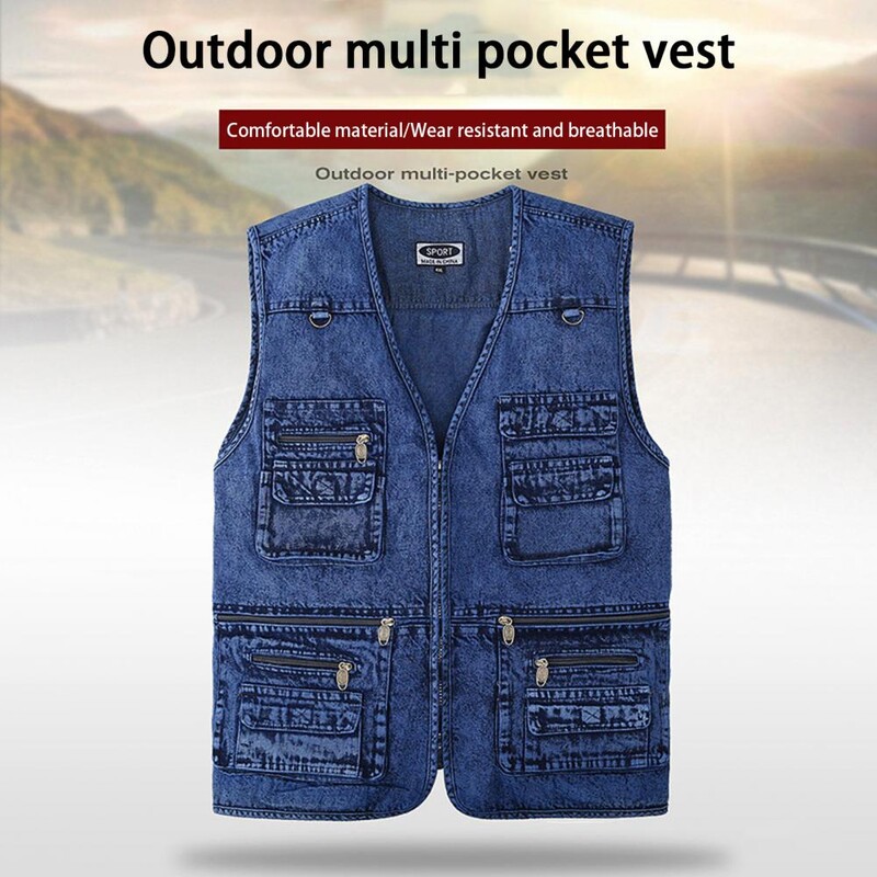 La modă, super moale, culoare pură, cu fermoar, vestă, haine exterioare, haină fără mâneci, culoare solidă, primăvară, toamnă, vestă din denim pentru camping
