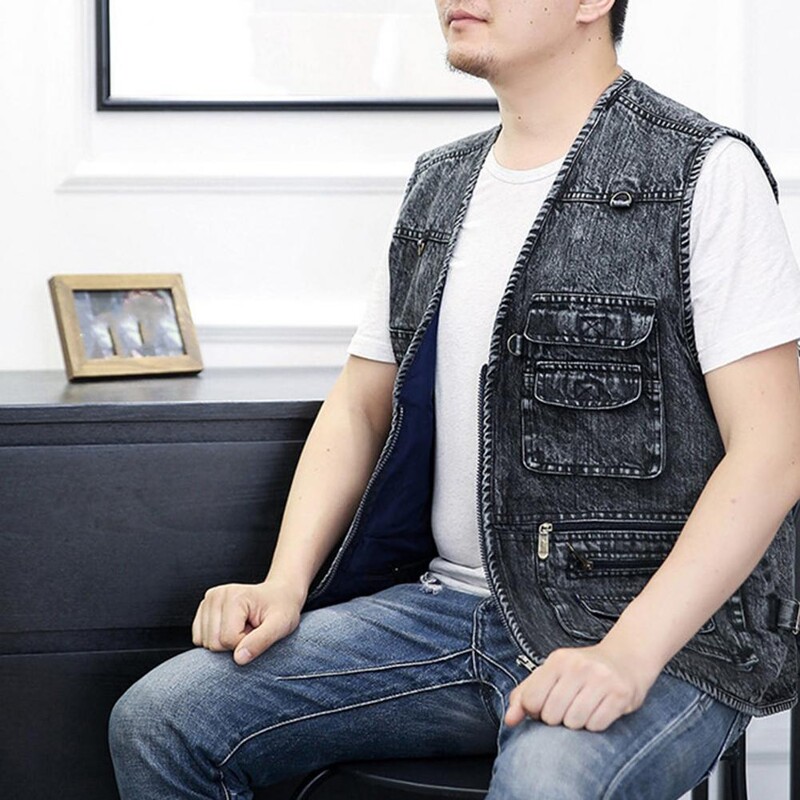 La modă, super moale, culoare pură, cu fermoar, vestă, haine exterioare, haină fără mâneci, culoare solidă, primăvară, toamnă, vestă din denim pentru camping