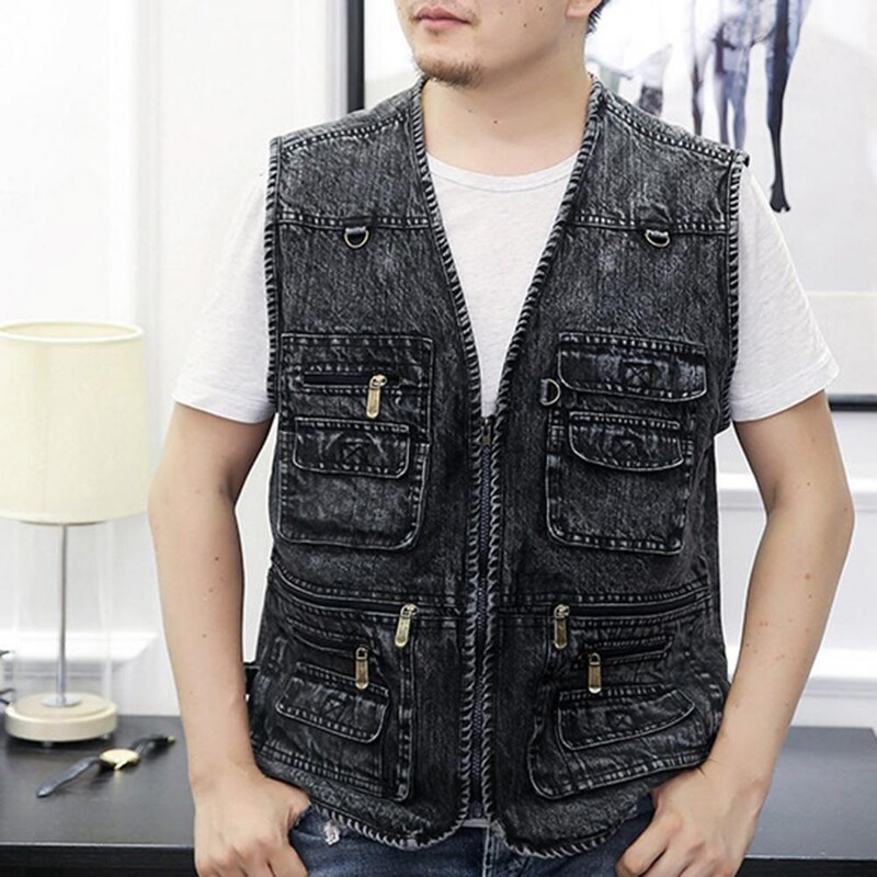 La modă, super moale, culoare pură, cu fermoar, vestă, haine exterioare, haină fără mâneci, culoare solidă, primăvară, toamnă, vestă din denim pentru camping