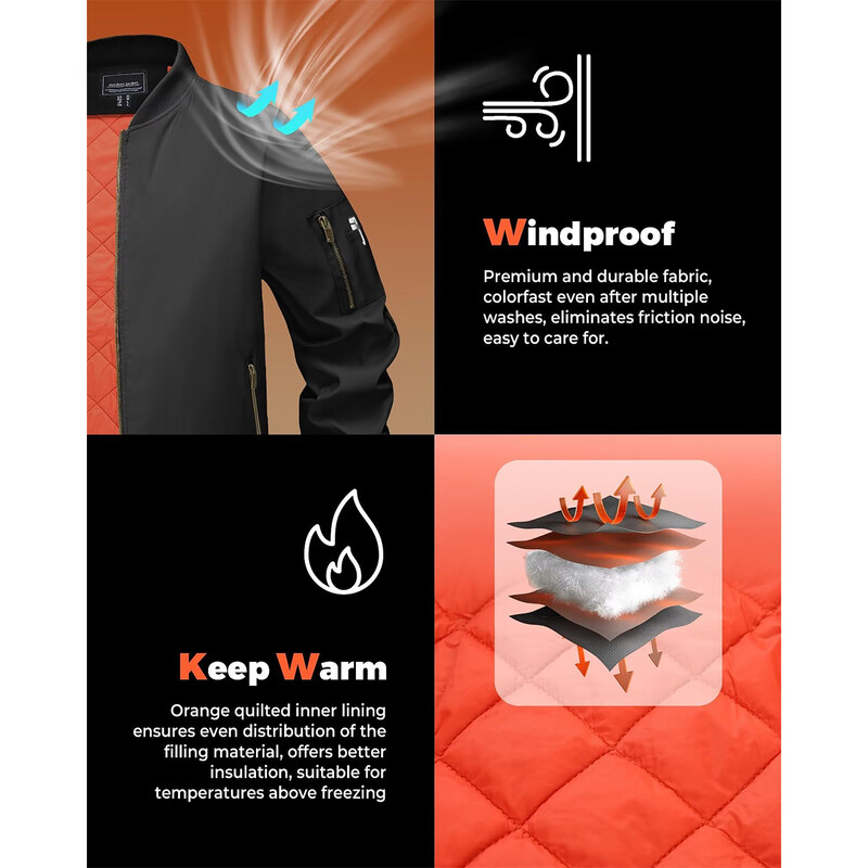 MAGCOMSEN Bomber jaka Vīriešu silts ar rāvējslēdzēju uz augšu ziemas polsterēts mētelis Ikdienas beisbola jakas Pilot Windbreaker Varsity jakas